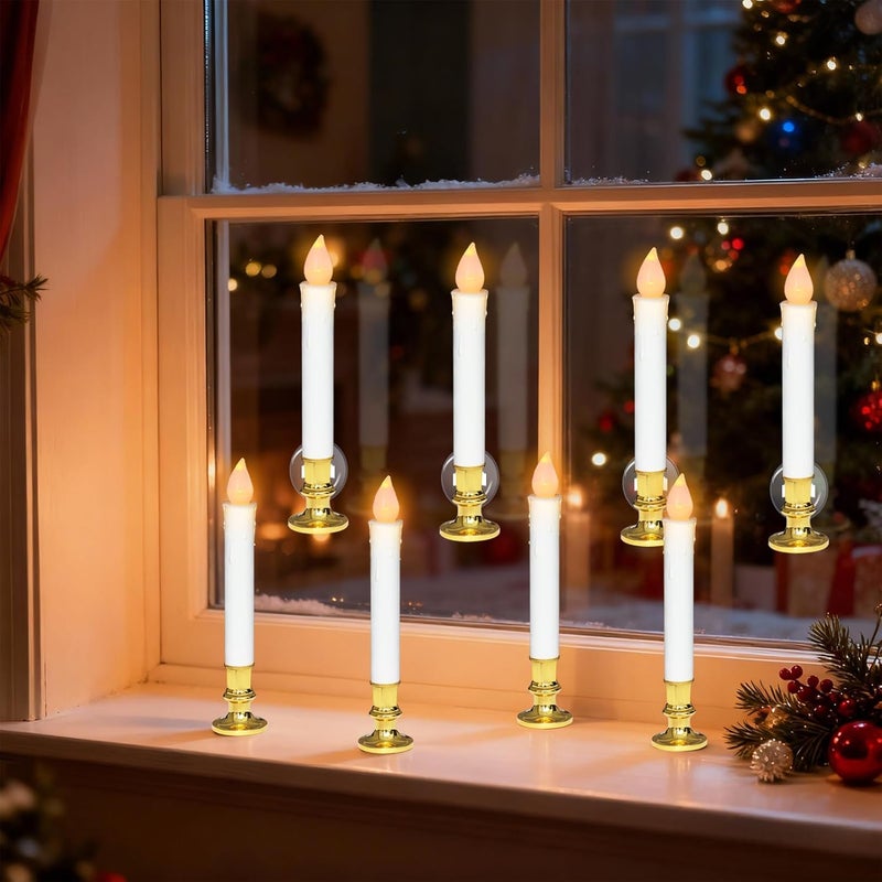 DRomance 9" Flameless Window Taper Candles Battery Operated with 8-Key Remote and Timer, 4 Pack White Christmas Holdiay Window Candles with Gold Holders, Suction Cups and AA Batteries Included - Image 3